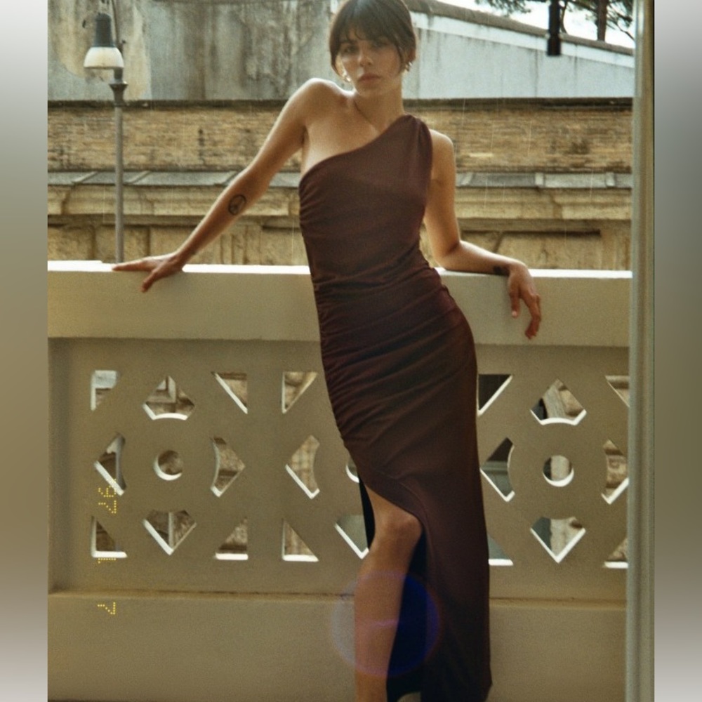 Zara One Shoulder Dress in Brown